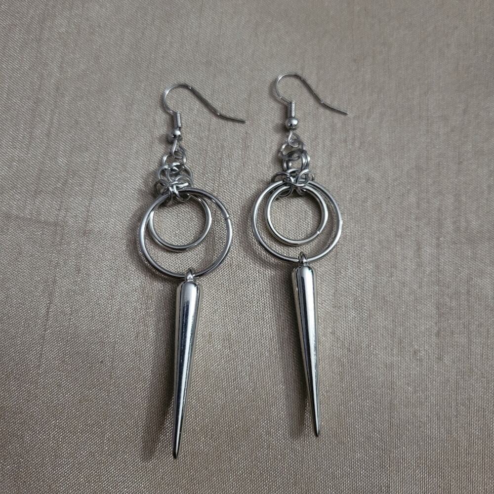 Spiked chainmaile silver tone dangle earrings